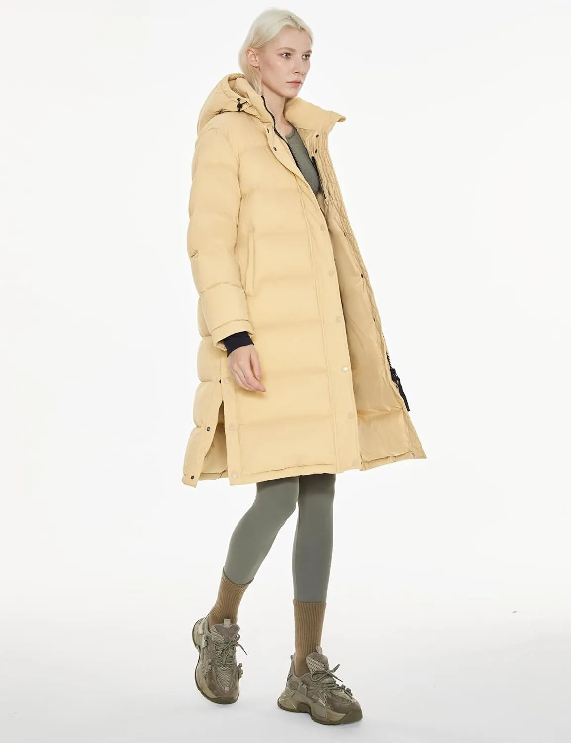 Orolay Women's Long Down Jacket Detachable Hooded Puffer Jacket Winter Warm Down Coat with Hem Slit