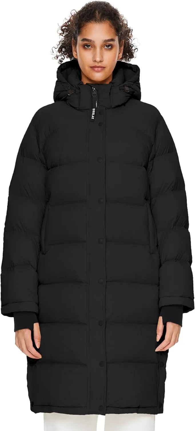 Orolay Women's Long Down Jacket Detachable Hooded Puffer Jacket Winter Warm Down Coat with Hem Slit