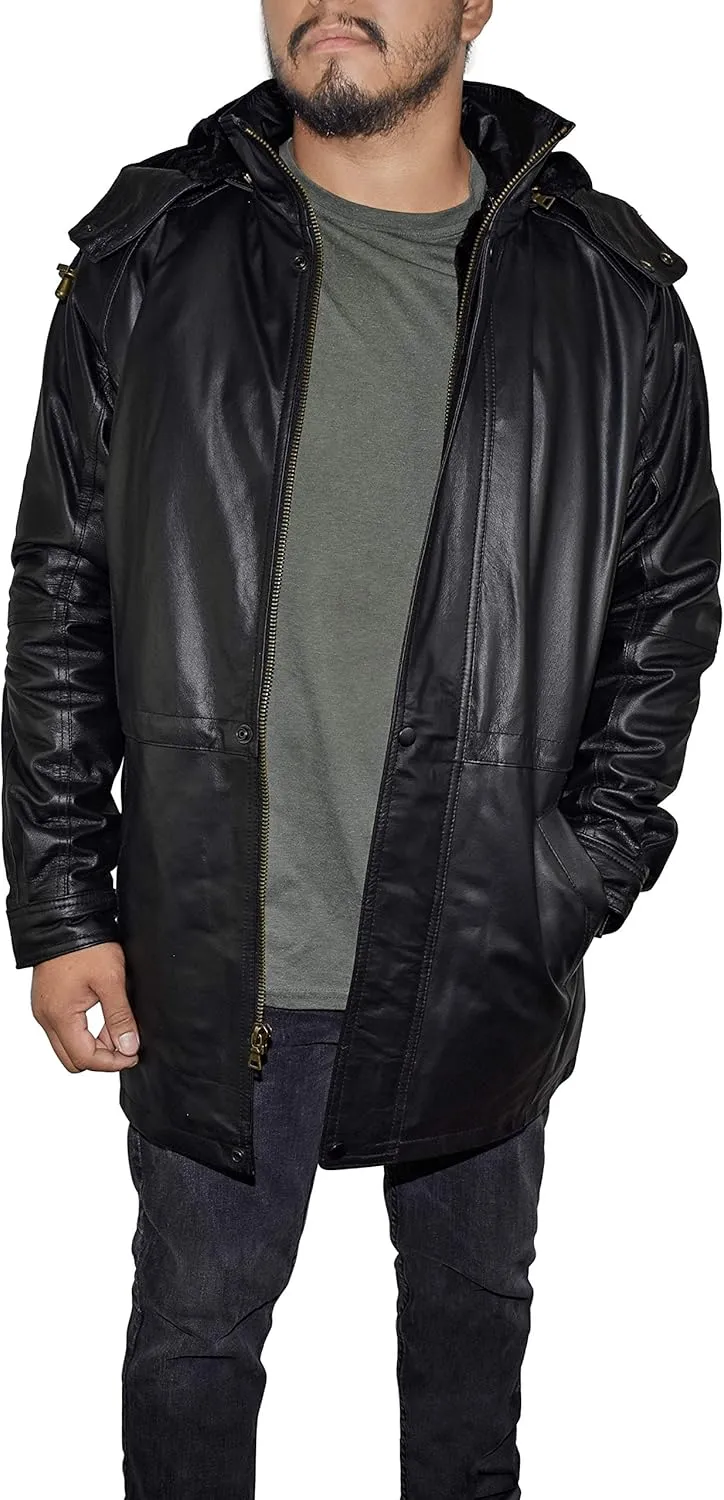 Outfitters Men's 3/4 Length Genuine Leather Coat w/Removable Hood