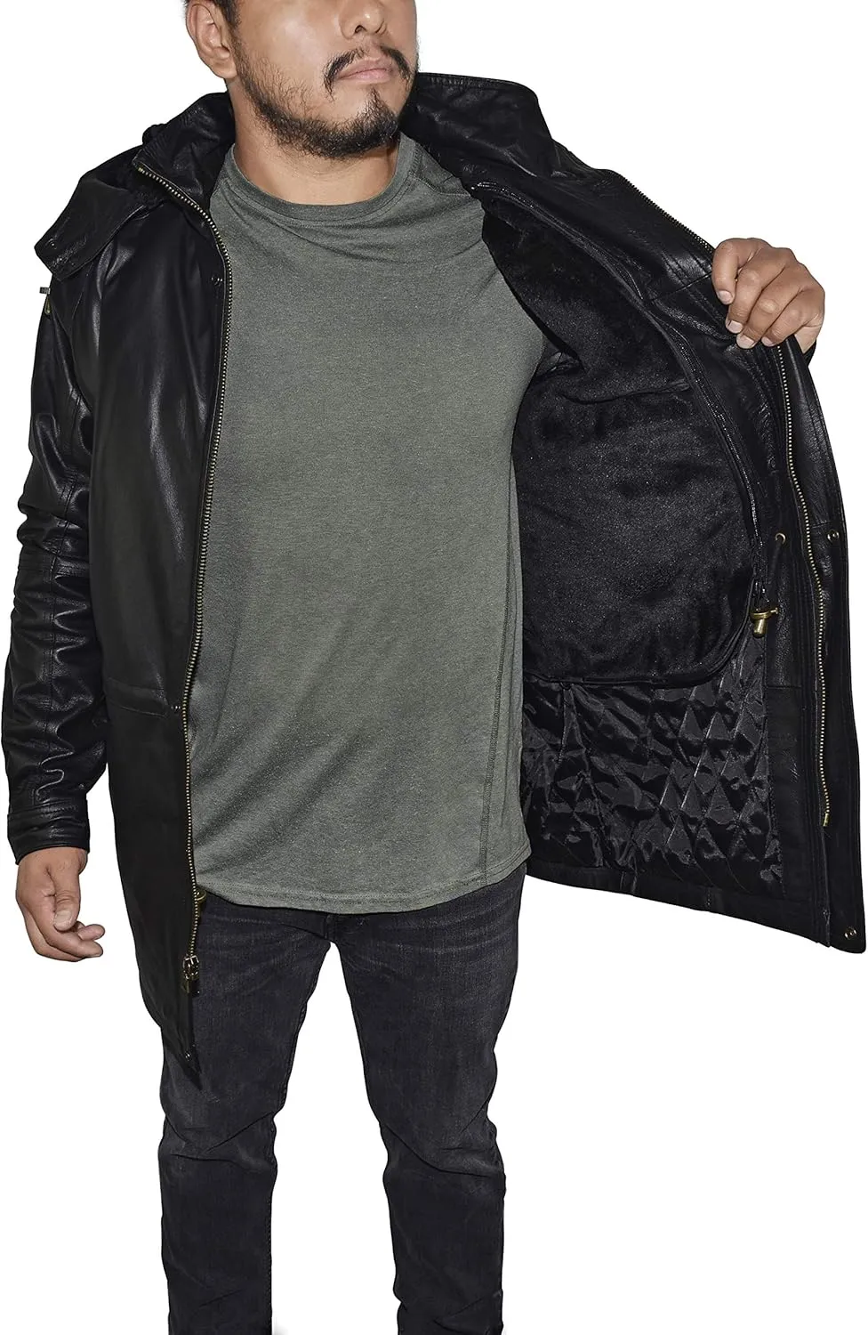 Outfitters Men's 3/4 Length Genuine Leather Coat w/Removable Hood