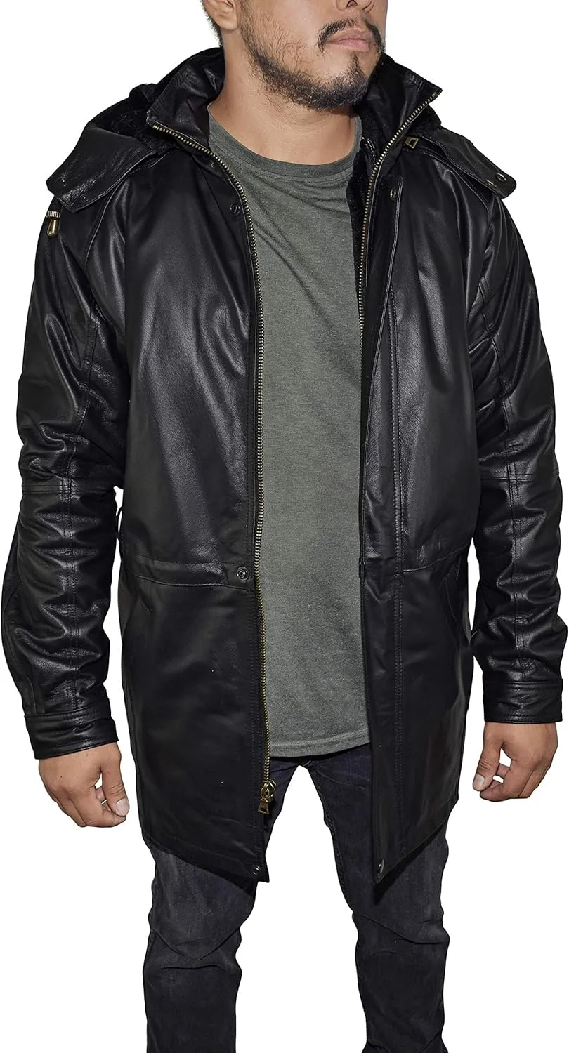 Outfitters Men's 3/4 Length Genuine Leather Coat w/Removable Hood