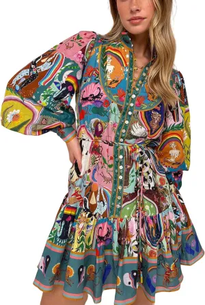 Perbai Womens Long Puff Sleeve Turtleneck Boho Mini Dress Button Down Ruffled Ethnic Flowy Tunic Dress
