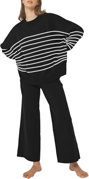 Pink Queen Women's 2 Piece Outfits Sweater Sets Knit Pullover Tops And Wide Leg Pants Loose Tracksuit Lounge Set