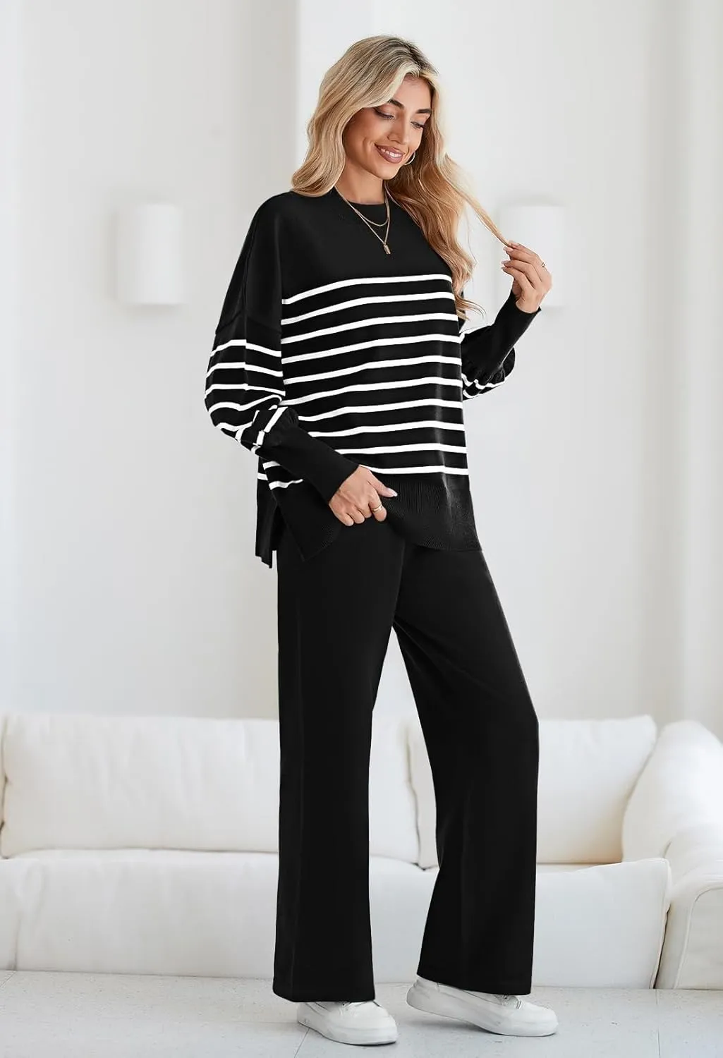 Pink Queen Women's 2 Piece Outfits Sweater Sets Knit Pullover Tops And Wide Leg Pants Loose Tracksuit Lounge Set