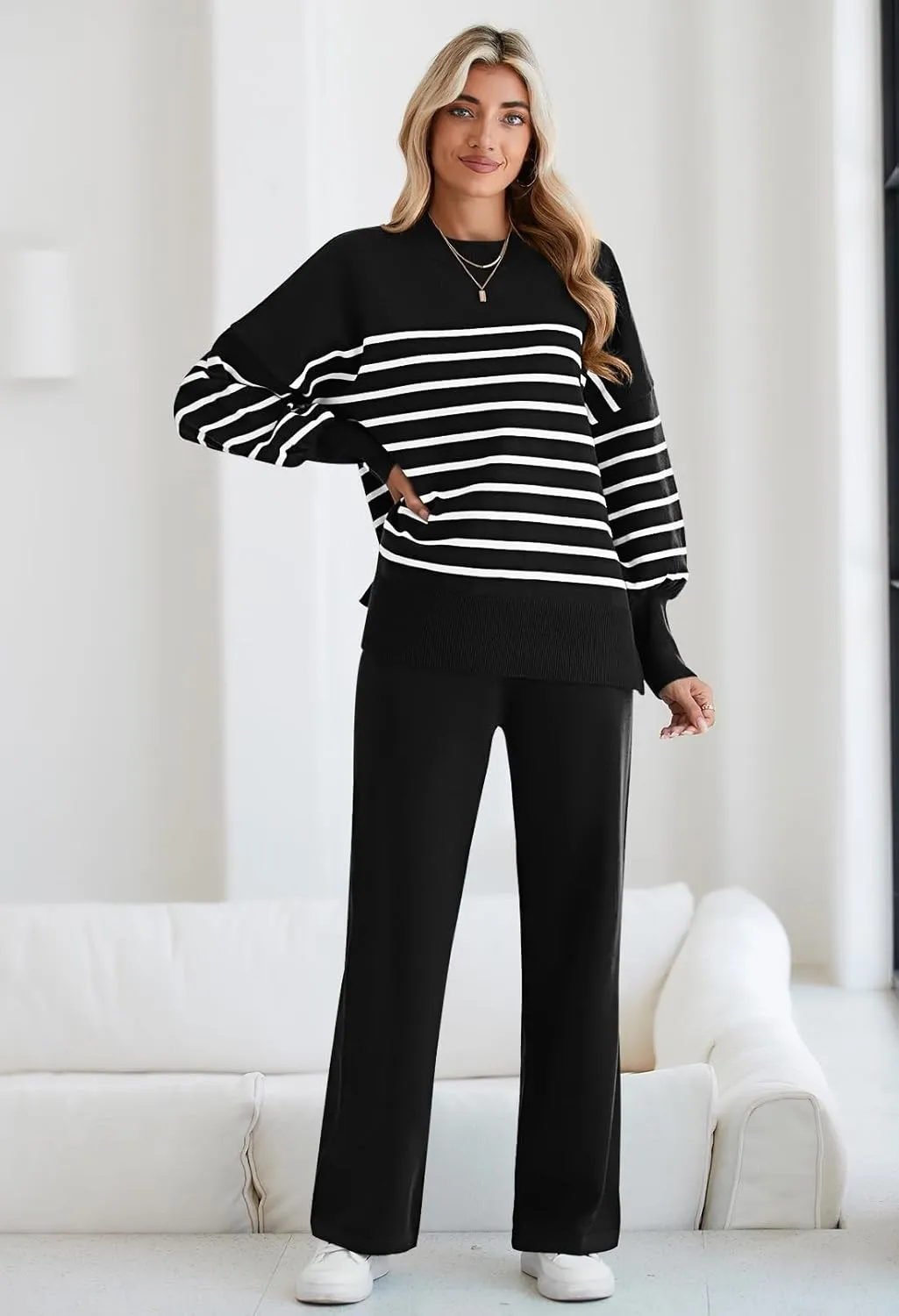 Pink Queen Women's 2 Piece Outfits Sweater Sets Knit Pullover Tops And Wide Leg Pants Loose Tracksuit Lounge Set