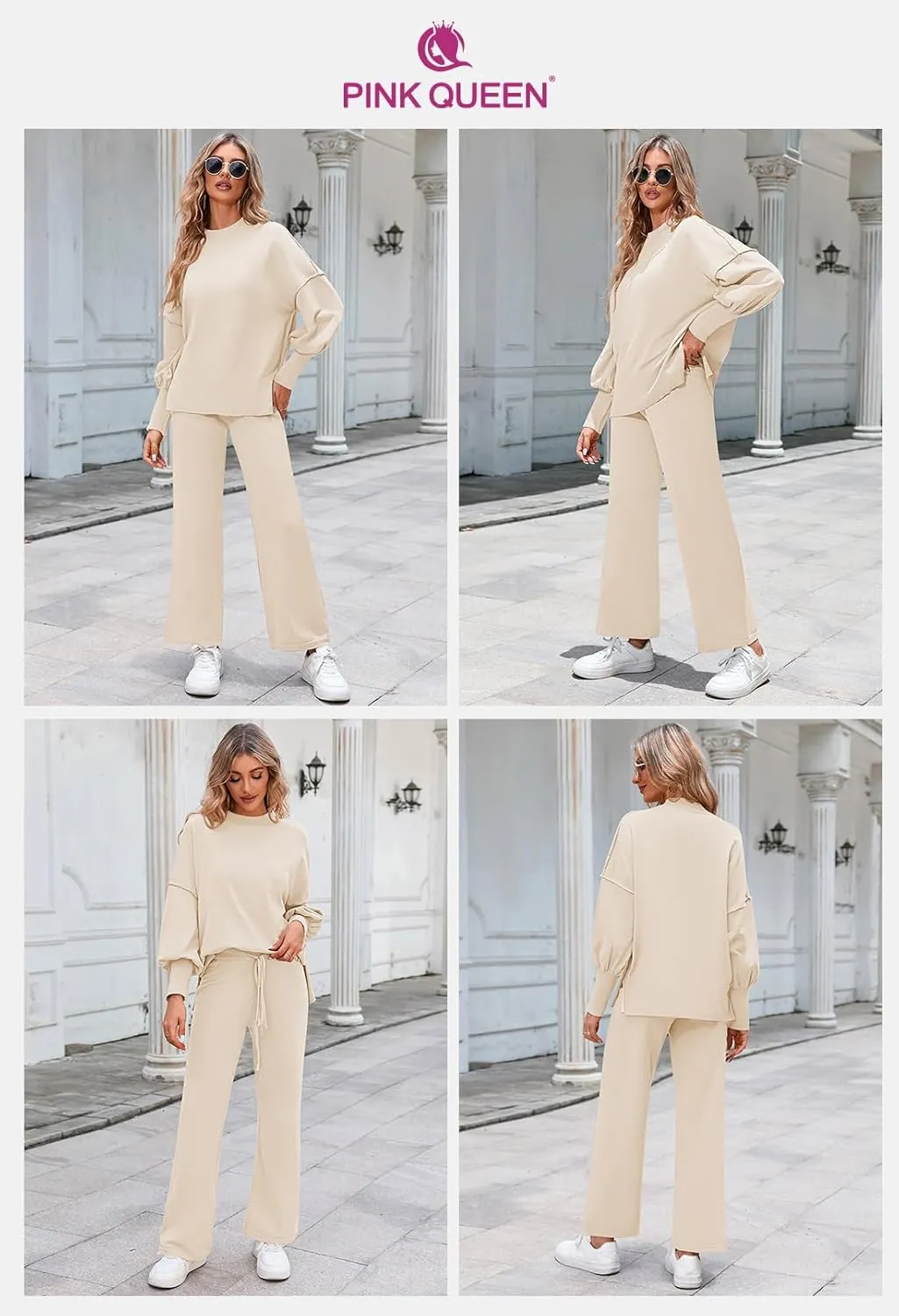 Pink Queen Women's 2 Piece Outfits Sweater Sets Knit Pullover Tops And Wide Leg Pants Loose Tracksuit Lounge Set