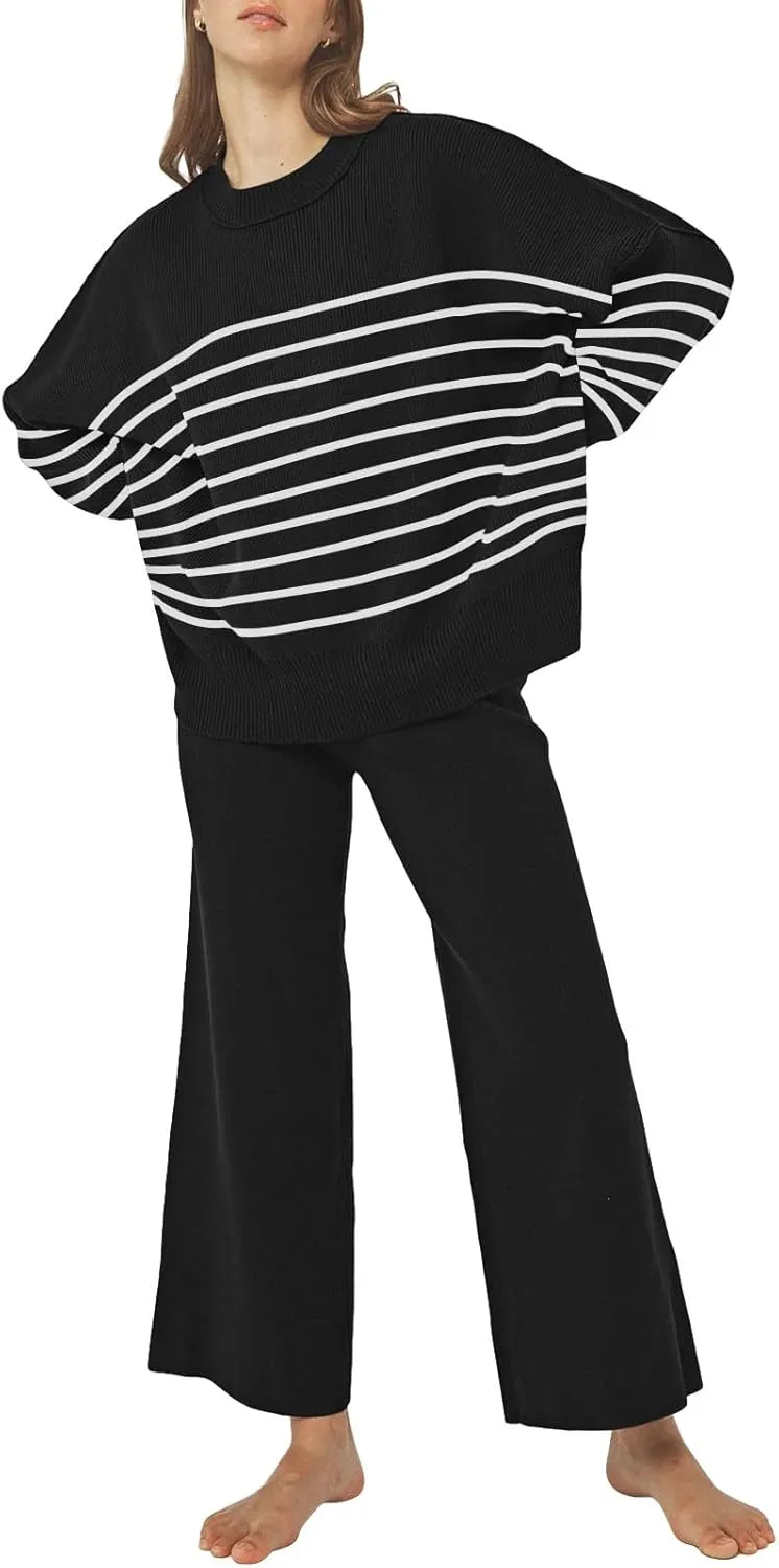 Pink Queen Women's 2 Piece Outfits Sweater Sets Knit Pullover Tops And Wide Leg Pants Loose Tracksuit Lounge Set
