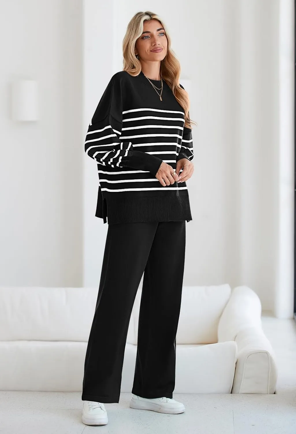 Pink Queen Women's 2 Piece Outfits Sweater Sets Knit Pullover Tops And Wide Leg Pants Loose Tracksuit Lounge Set