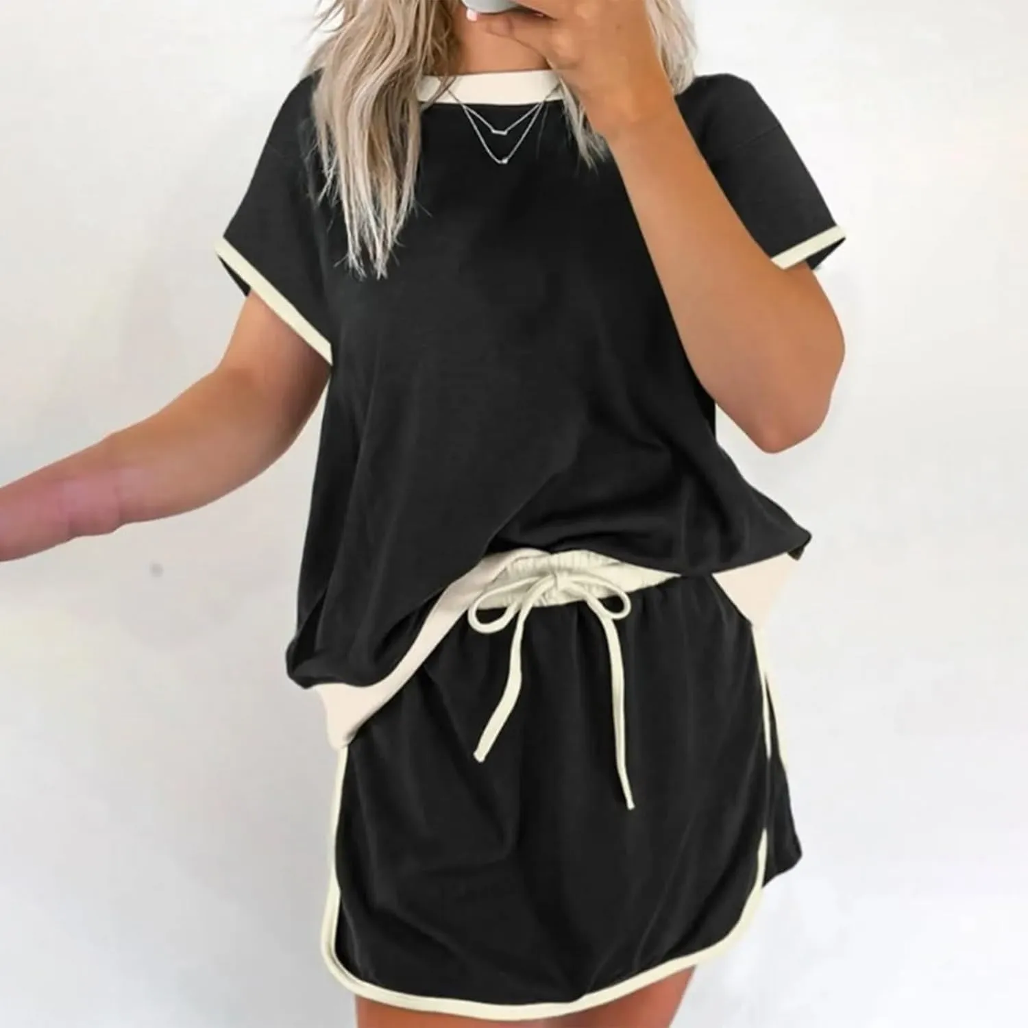 Pinklaura Short Set, Skort Sets Women 2 Piece Outfits, 2026 New Colorblock Drop Shoulder T Shirt and Skort Set