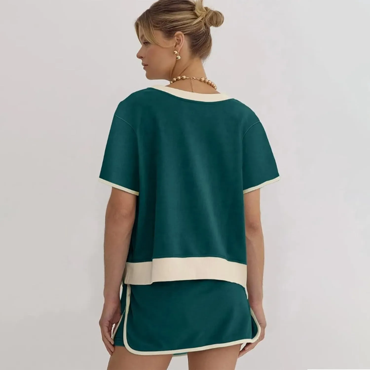 Pinklaura Short Set, Skort Sets Women 2 Piece Outfits, 2026 New Colorblock Drop Shoulder T Shirt and Skort Set