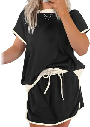 Pinklaura Short Set, Skort Sets Women 2 Piece Outfits, 2026 New Colorblock Drop Shoulder T Shirt and Skort Set