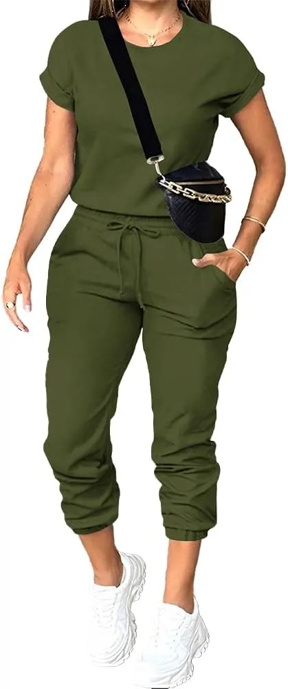 PINSV Women's 2 Piece Outfits Tracksuit Sets Short Sleeve Tops Jogger Pants with Pockets Green S