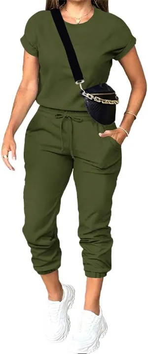 PINSV Women's 2 Piece Outfits Tracksuit Sets Short Sleeve Tops Jogger Pants with Pockets Green S