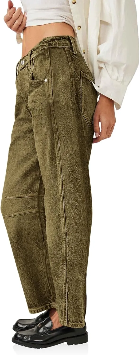 PLNOTME Women's Baggy Boyfriend Jeans Vintage Wide Leg Mid Rise Barrel Denim Ankle Pants