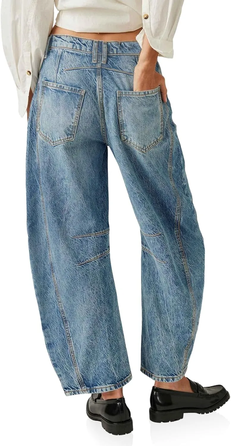 PLNOTME Women's Baggy Boyfriend Jeans Vintage Wide Leg Mid Rise Barrel Denim Ankle Pants