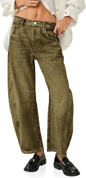 PLNOTME Women's Baggy Boyfriend Jeans Vintage Wide Leg Mid Rise Barrel Denim Ankle Pants