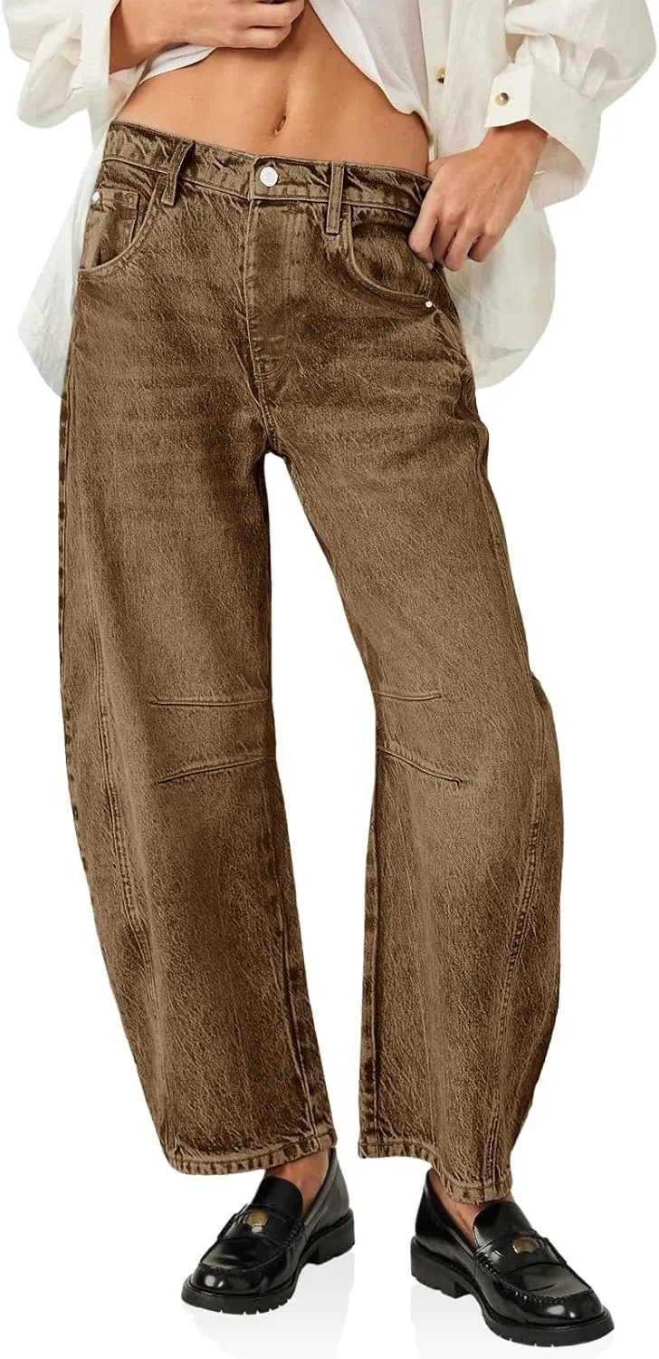 PLNOTME Women's Baggy Boyfriend Jeans Vintage Wide Leg Mid Rise Barrel Denim Ankle Pants