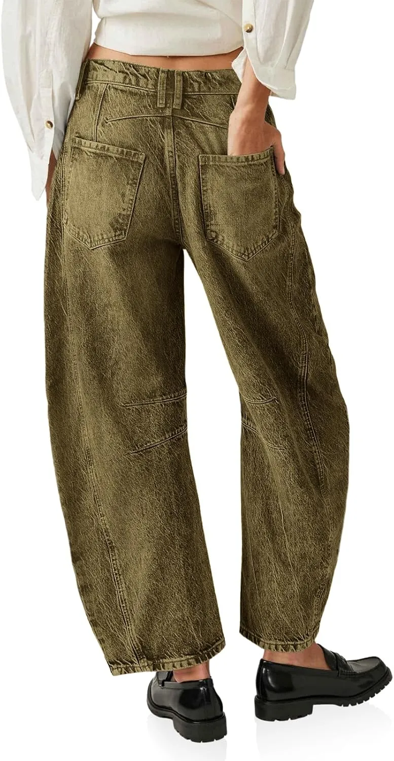 PLNOTME Women's Baggy Boyfriend Jeans Vintage Wide Leg Mid Rise Barrel Denim Ankle Pants