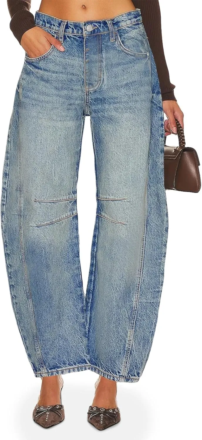 PLNOTME Women's Baggy Boyfriend Jeans Vintage Wide Leg Mid Rise Barrel Denim Ankle Pants