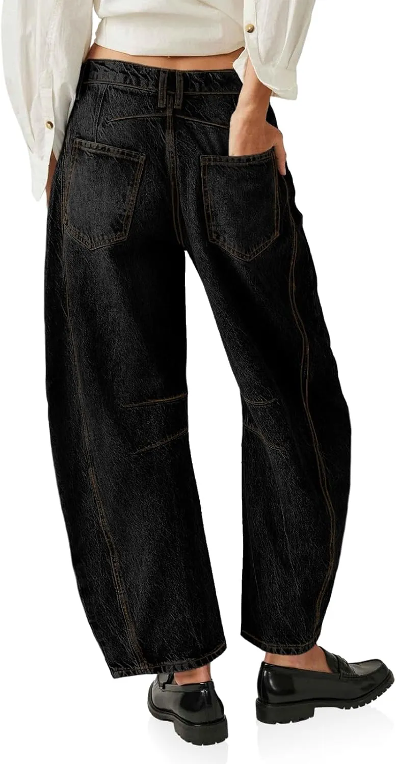 PLNOTME Women's Baggy Boyfriend Jeans Vintage Wide Leg Mid Rise Barrel Denim Ankle Pants
