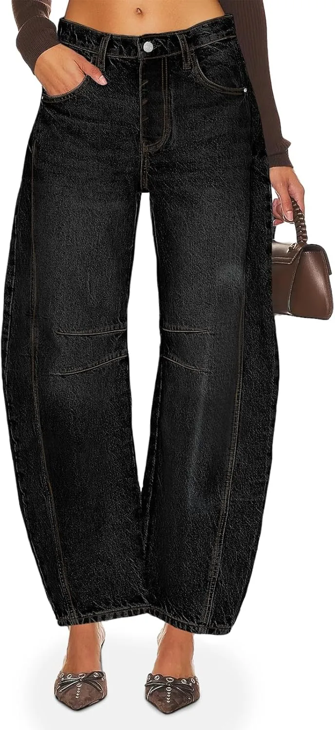 PLNOTME Women's Baggy Boyfriend Jeans Vintage Wide Leg Mid Rise Barrel Denim Ankle Pants