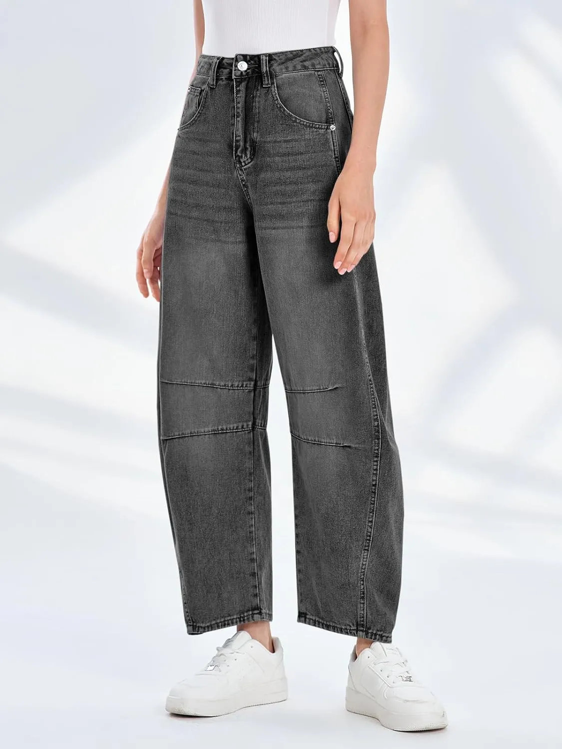 PLNOTME Women's Baggy Boyfriend Jeans Vintage Wide Leg Mid Rise Barrel Denim Ankle Pants
