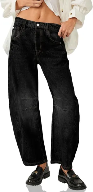 PLNOTME Women's Baggy Boyfriend Jeans Vintage Wide Leg Mid Rise Barrel Denim Ankle Pants