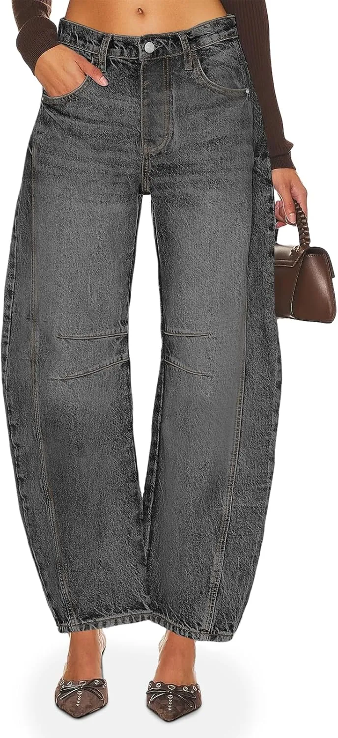 PLNOTME Women's Baggy Boyfriend Jeans Vintage Wide Leg Mid Rise Barrel Denim Ankle Pants