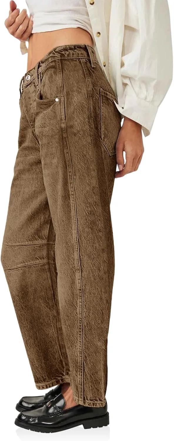 PLNOTME Women's Baggy Boyfriend Jeans Vintage Wide Leg Mid Rise Barrel Denim Ankle Pants