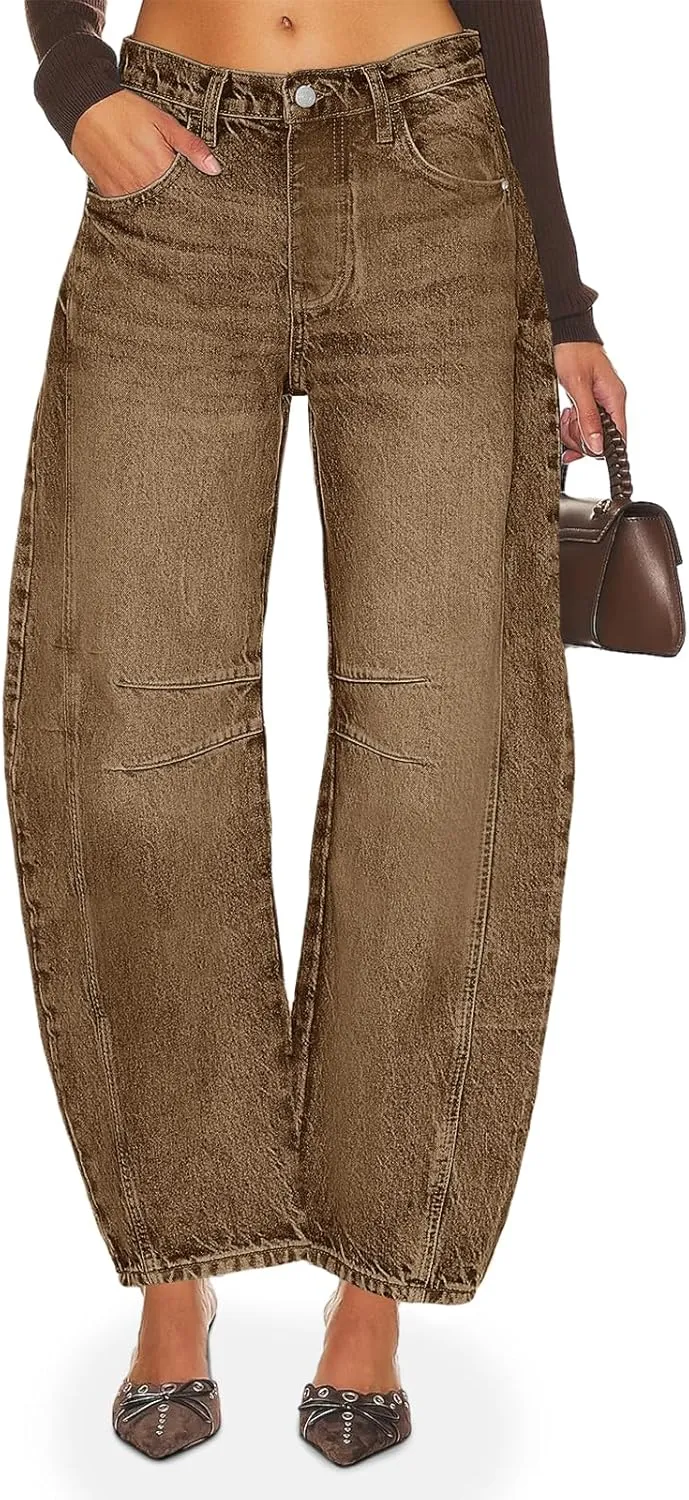 PLNOTME Women's Baggy Boyfriend Jeans Vintage Wide Leg Mid Rise Barrel Denim Ankle Pants