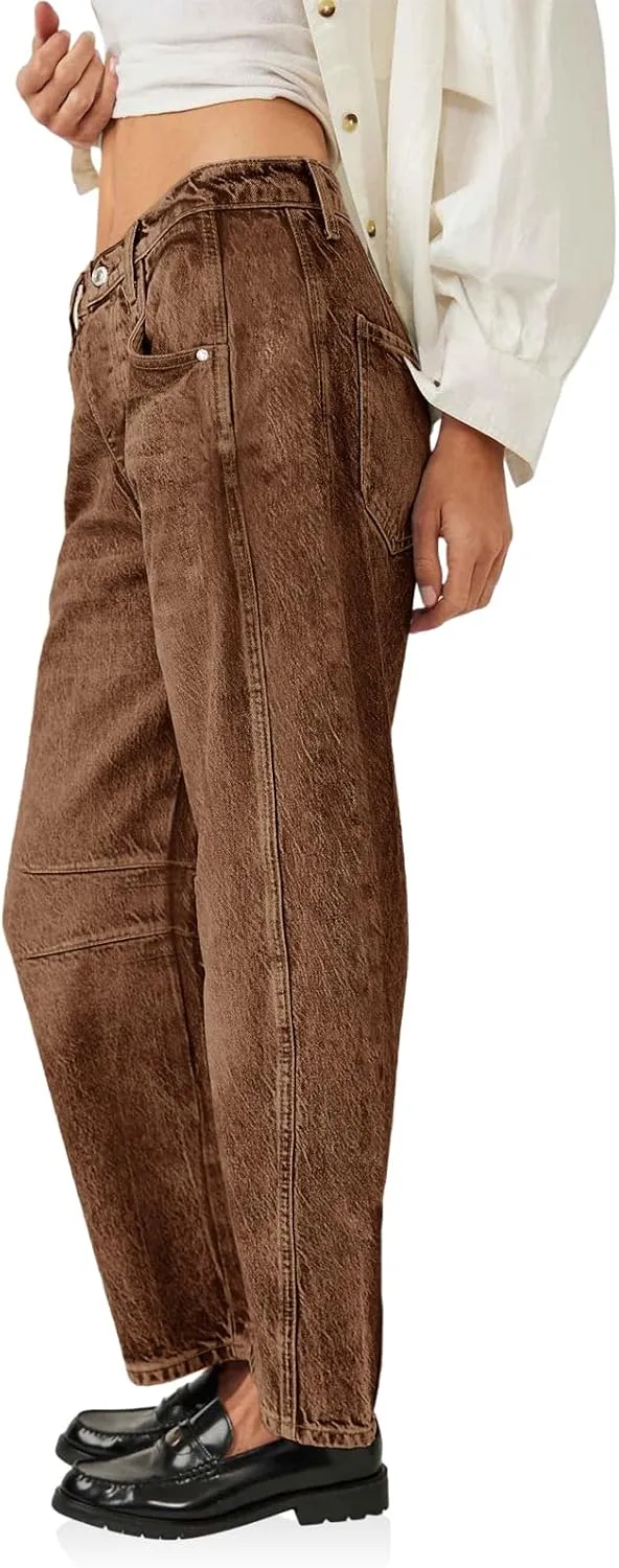 PLNOTME Women's Baggy Boyfriend Jeans Vintage Wide Leg Mid Rise Barrel Denim Ankle Pants