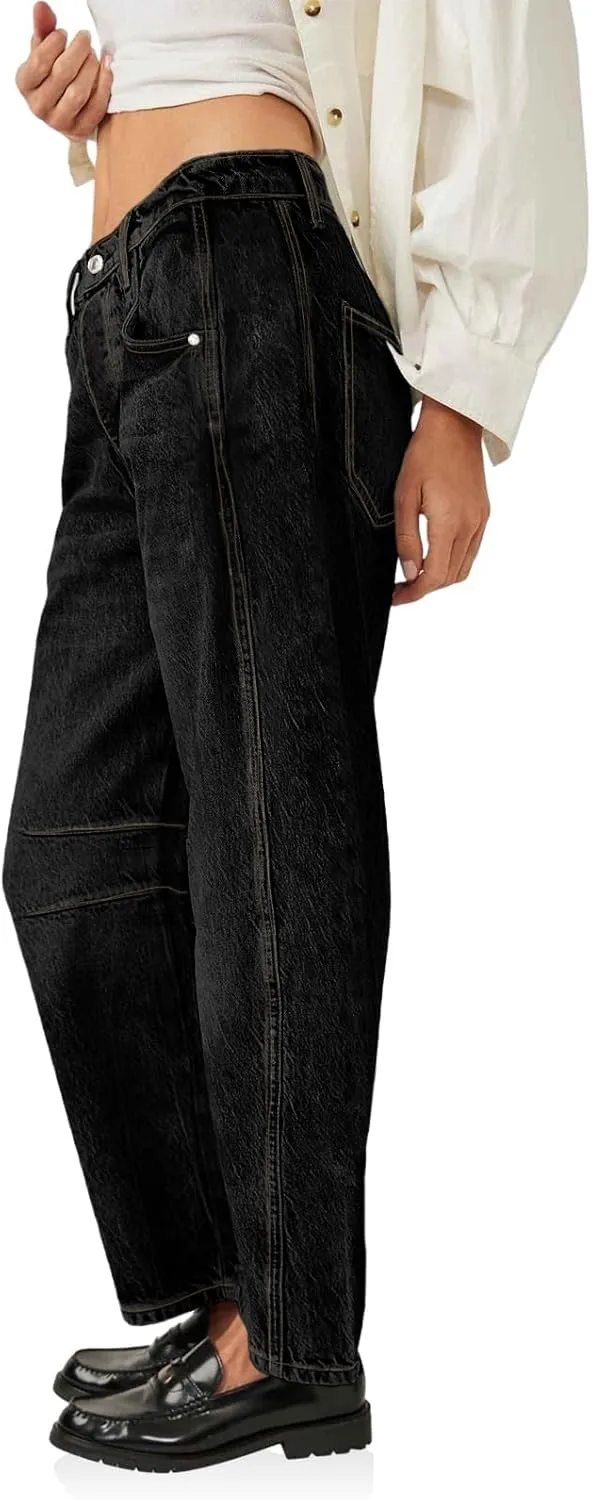 PLNOTME Women's Baggy Boyfriend Jeans Vintage Wide Leg Mid Rise Barrel Denim Ankle Pants