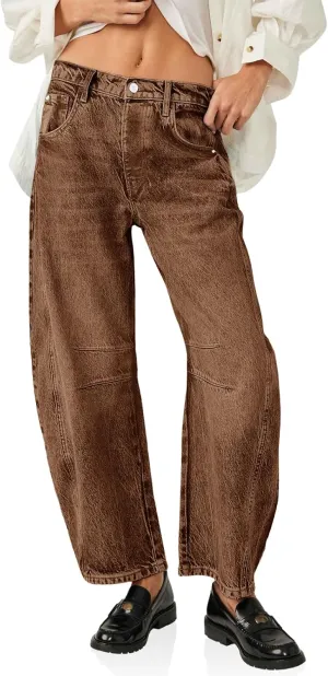 PLNOTME Women's Baggy Boyfriend Jeans Vintage Wide Leg Mid Rise Barrel Denim Ankle Pants