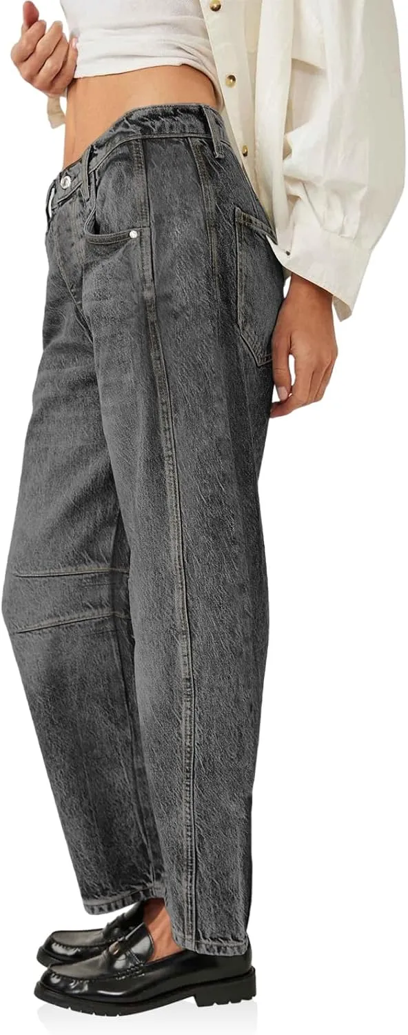 PLNOTME Women's Baggy Boyfriend Jeans Vintage Wide Leg Mid Rise Barrel Denim Ankle Pants
