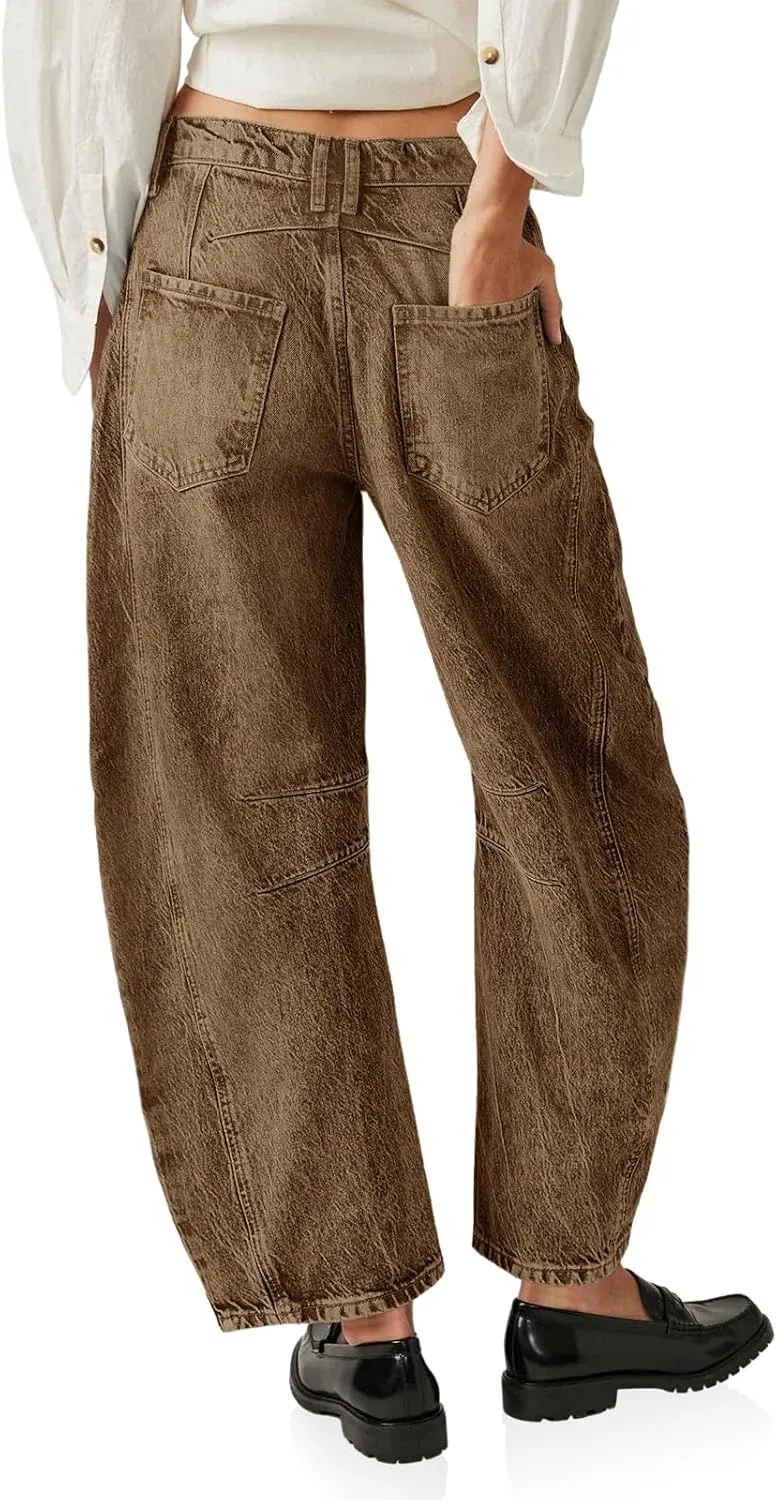 PLNOTME Women's Baggy Boyfriend Jeans Vintage Wide Leg Mid Rise Barrel Denim Ankle Pants
