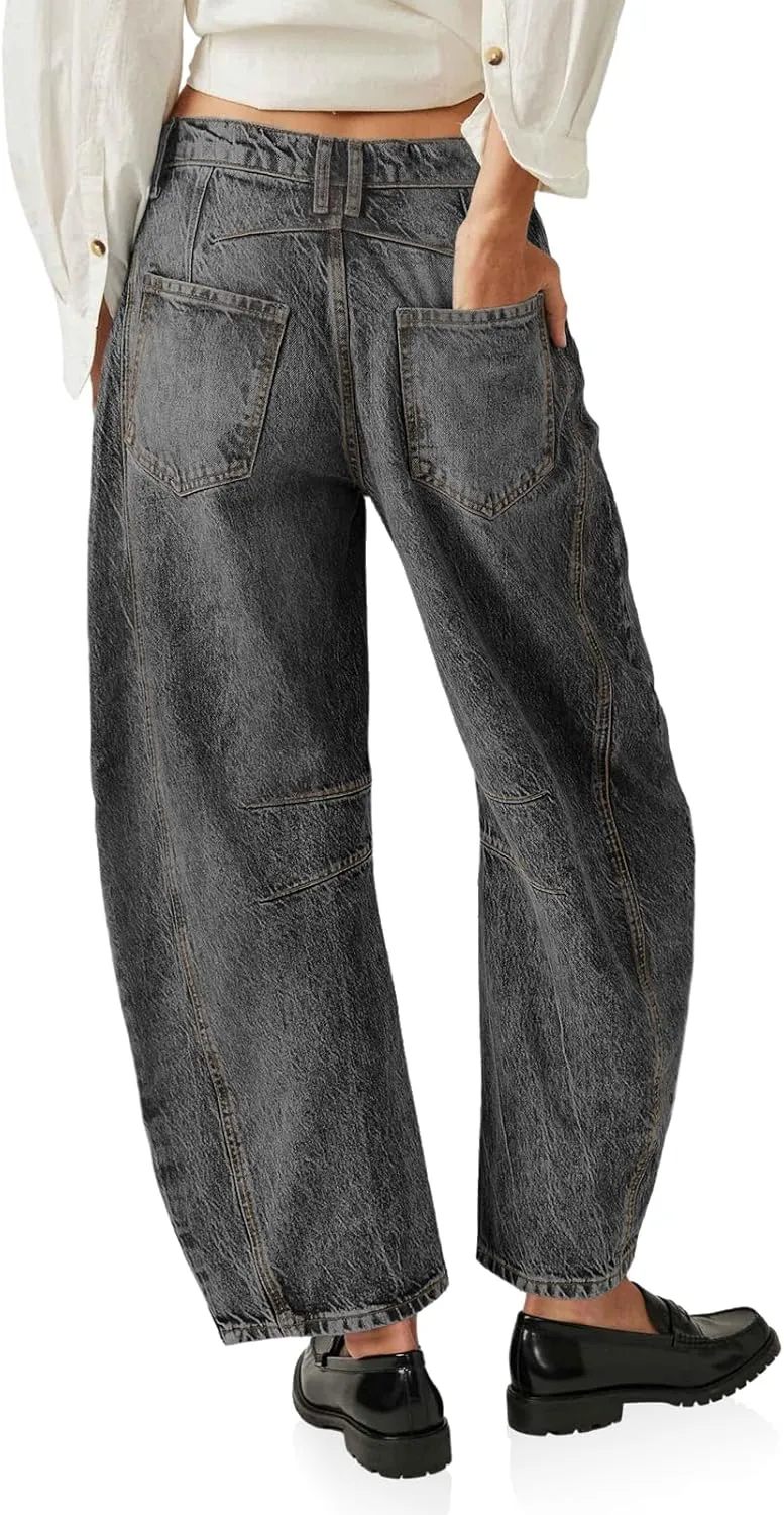 PLNOTME Women's Baggy Boyfriend Jeans Vintage Wide Leg Mid Rise Barrel Denim Ankle Pants