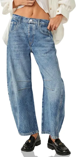 PLNOTME Women's Baggy Boyfriend Jeans Vintage Wide Leg Mid Rise Barrel Denim Ankle Pants