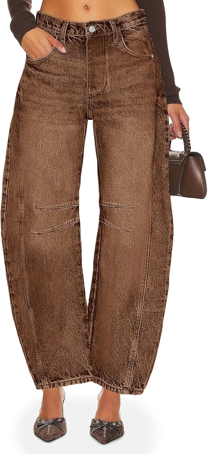 PLNOTME Women's Baggy Boyfriend Jeans Vintage Wide Leg Mid Rise Barrel Denim Ankle Pants