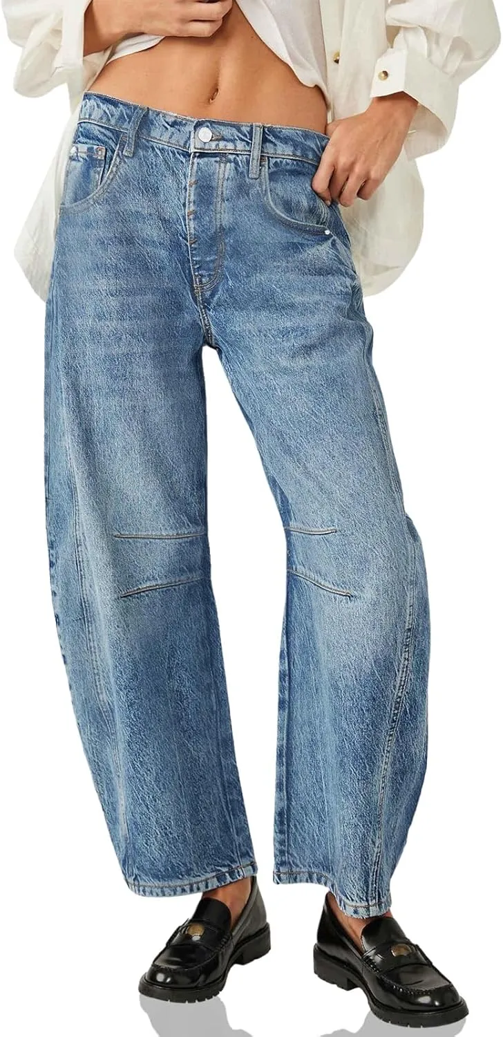 PLNOTME Women's Baggy Boyfriend Jeans Vintage Wide Leg Mid Rise Barrel Denim Ankle Pants