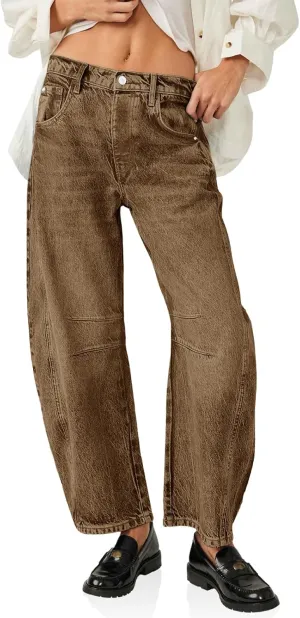 PLNOTME Women's Baggy Boyfriend Jeans Vintage Wide Leg Mid Rise Barrel Denim Ankle Pants