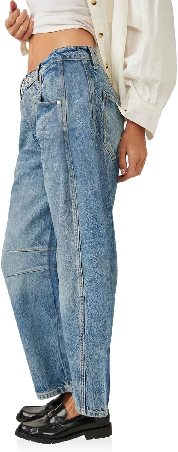 PLNOTME Women's Baggy Boyfriend Jeans Vintage Wide Leg Mid Rise Barrel Denim Ankle Pants