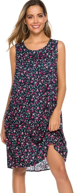 POGTMM Women Sleeveless Shift Dress Sundress Floral Print House Dresses for Women with Pockets
