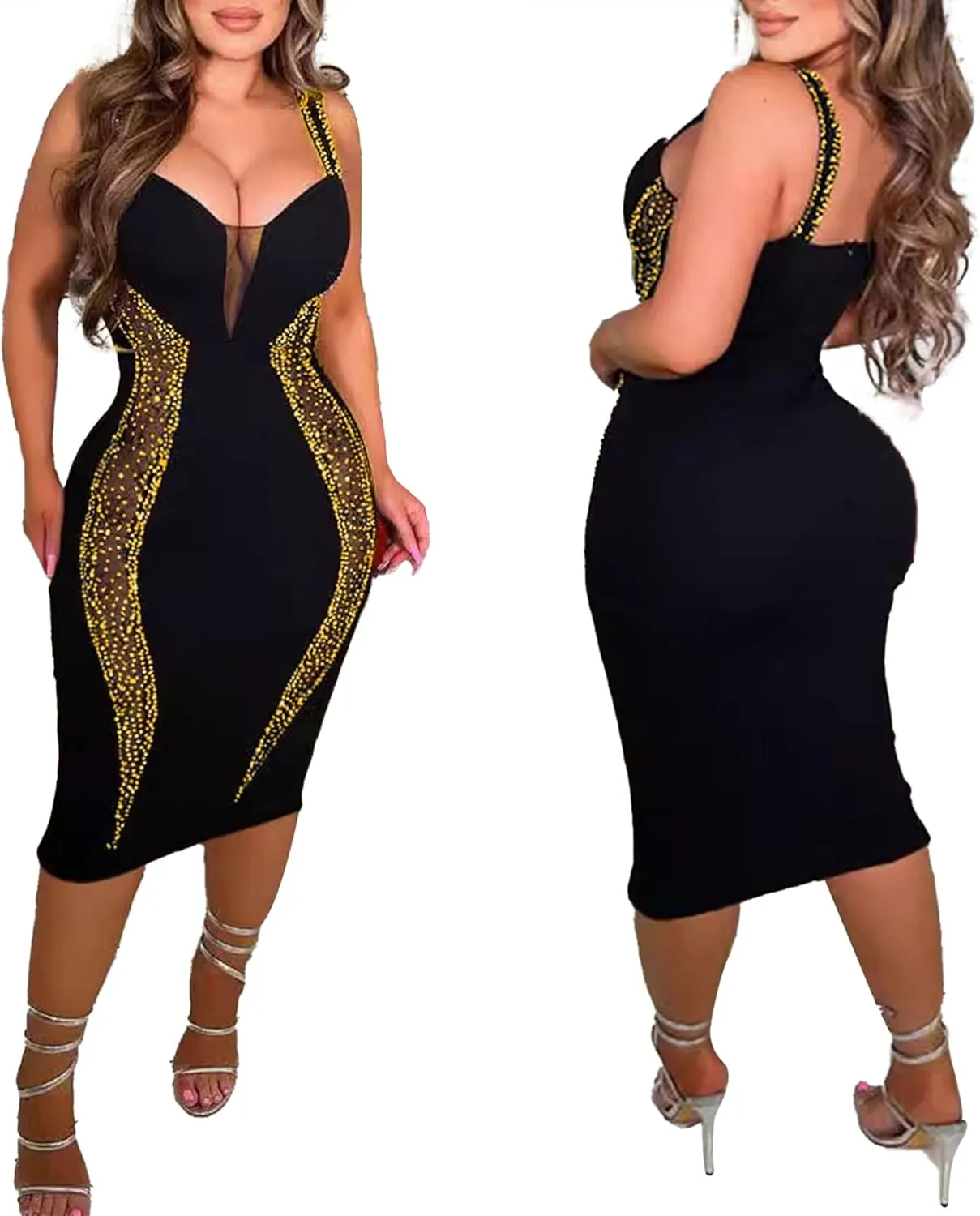 PORRCEY Women's Sexy Elegant Rhinestone Bodycon Party Club Night Dresses Hot Drilling Clubwear