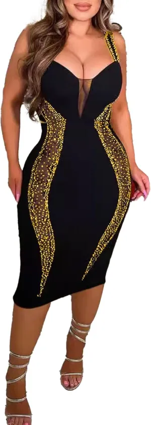 PORRCEY Women's Sexy Elegant Rhinestone Bodycon Party Club Night Dresses Hot Drilling Clubwear