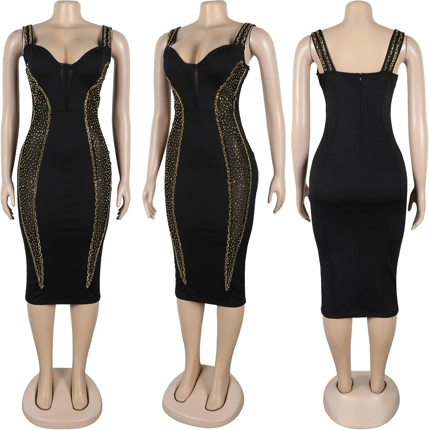 PORRCEY Women's Sexy Elegant Rhinestone Bodycon Party Club Night Dresses Hot Drilling Clubwear