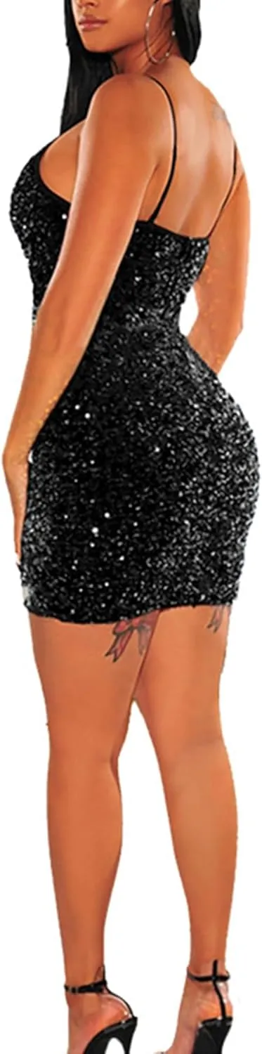 PORRCEY Women's Sexy Elegant Sequins Mesh See Through Bodycon Birthday Party Club Night Mini Dress