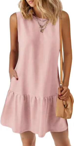 PRETTYGARDEN Casual Short Summer Dresses for Women 2025 Sleeveless Crewneck Cute Ruffle Loose Vacation Mini Tshirt Dress(Grey Pink,Small)