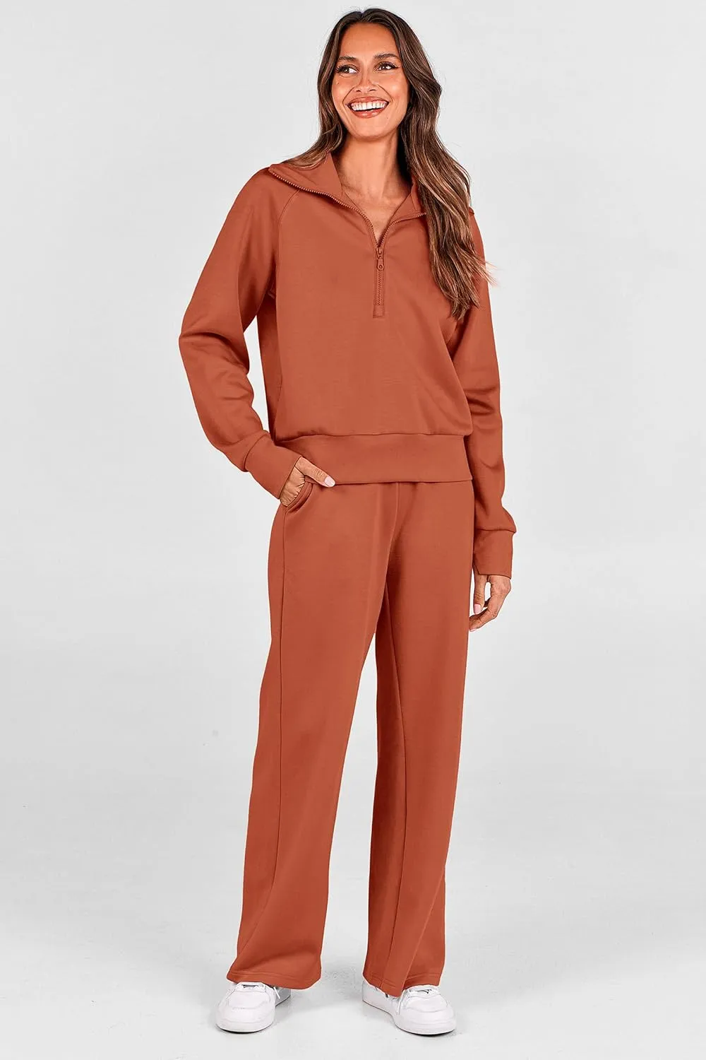 PRETTYGARDEN Women's 2 Piece Outfits Casual Lapel Half Zip Sweatshirts And Wide Leg Pants Tracksuit Sets