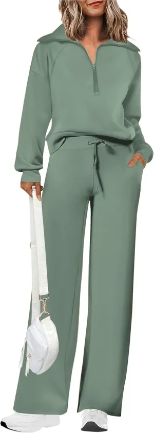 PRETTYGARDEN Women's 2 Piece Outfits Casual Lapel Half Zip Sweatshirts And Wide Leg Pants Tracksuit Sets