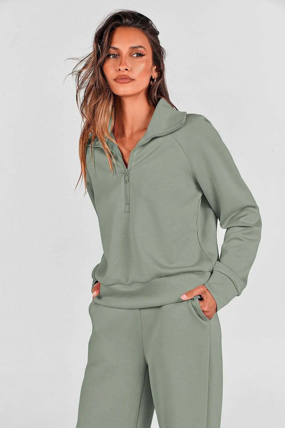 PRETTYGARDEN Women's 2 Piece Outfits Casual Lapel Half Zip Sweatshirts And Wide Leg Pants Tracksuit Sets